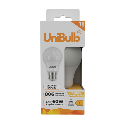 Energizer LED GLS B22 806lm 7.3W 3000K (Warm White) Light bulb - Pack of 3 front Energizer LED GLS B22 806lm 7.3W 3000K (Warm White) Light bulb - Pack of 3 front
