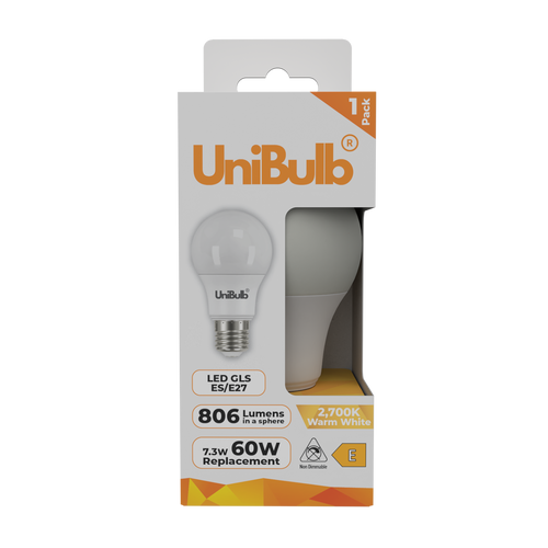 UniBulb LED GLS E27 806lm 7.3W 2700K (Warm White) Light Bulb - Pack of 1 bulb front UniBulb LED GLS E27 806lm 7.3W 2700K (Warm White) Light Bulb - Pack of 1 bulb front