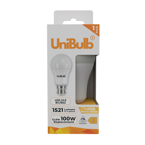 UniBulb LED GLS B22 1521lm (Replaces 100W) 12.6W 2700K (Warm White) Light Bulb - Pack of 1 front
