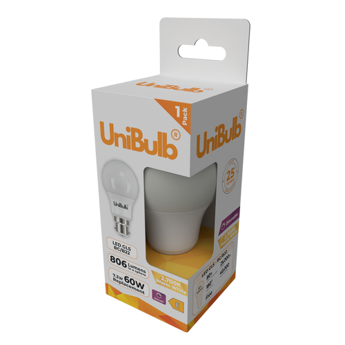 UniBulb LED GLS B22 806lm 7.3W 2700K (Warm White) Dimmable Light Bulb - Pack of 1 UniBulb LED GLS B22 806lm 7.3W 2700K (Warm White) Dimmable Light Bulb - Pack of 1