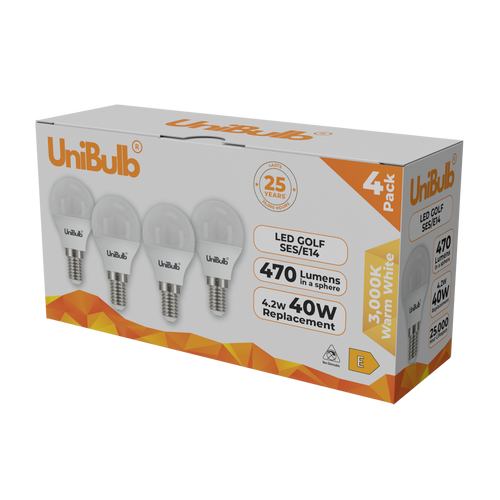 UniBulb LED Golf Ball E27 470lm 4.2W 2700K (Warm White) Light Bulb - Pack of 4 bulb