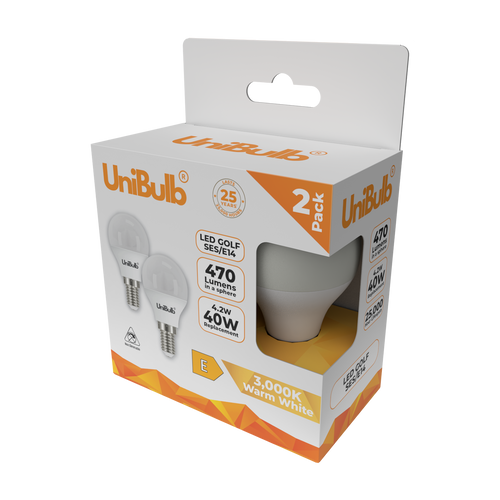 UniBulb LED Golf Ball E14 470lm 4.2W 3000K (Warm White) Light Bulb - Pack of 2 bulb