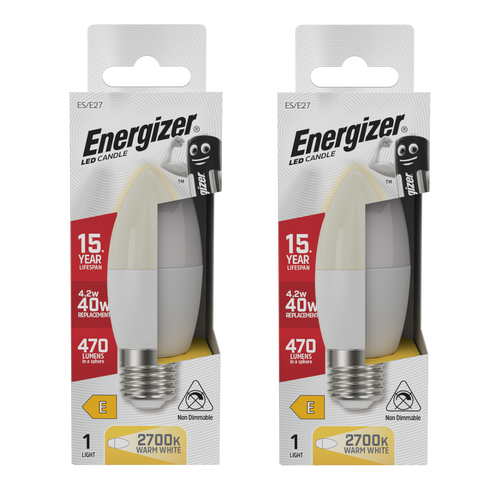 Energizer LED Candle E27 (ES) 470lm 4.2W 2700K (Warm White) Light Bulb - Pack of 2