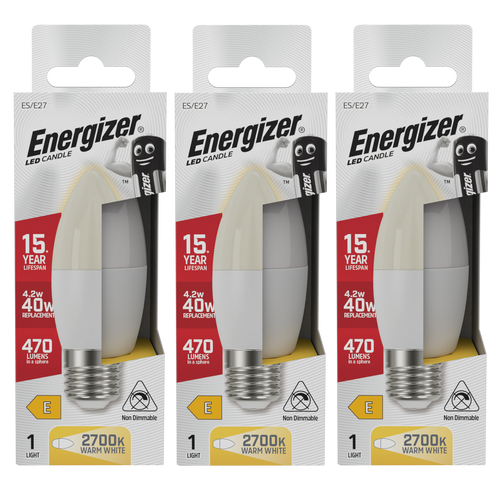 Energizer LED Candle E27 (ES) 470lm 4.2W 2700K (Warm White) Light Bulb - Pack of 3