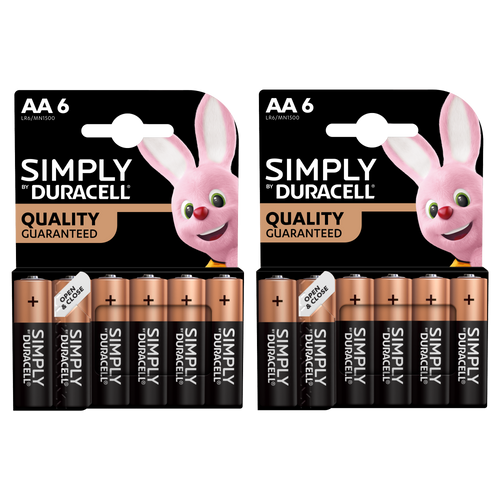 2x Duracell Simply Alkaline Power AA Batteries, 6 Pack, MN1500B6SIMPLY