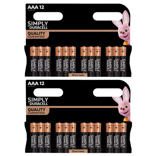 2x Duracell Simply Alkaline Power AAA Batteries, 12 Pack
