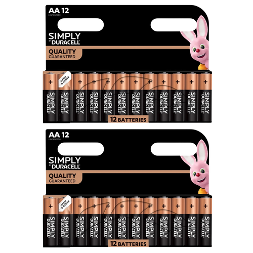 2x Duracell Simply Alkaline Power AA Batteries, 12 Pack, MN1500B12SIMPLY