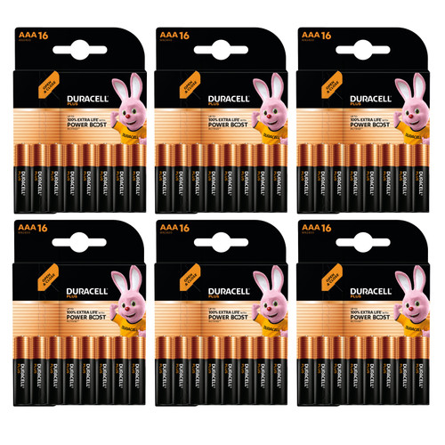 6x Duracell AAA Plus Alkaline Batteries With Power Boost Actives - Pack of 16 (80x Batteries in total)