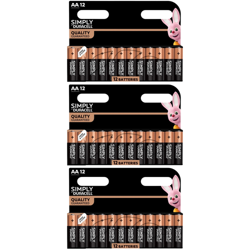 3x Duracell Simply Alkaline Power AA Batteries, 36 Pack, MN1500B12SIMPLY