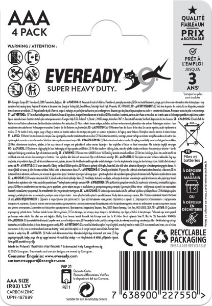 Eveready Super Heavy Duty AAA Zinc Batteries, Pack of 4
