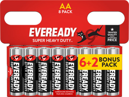 Eveready Super Heavy Duty AA Zinc Batteries, Pack of 8 (6+2)