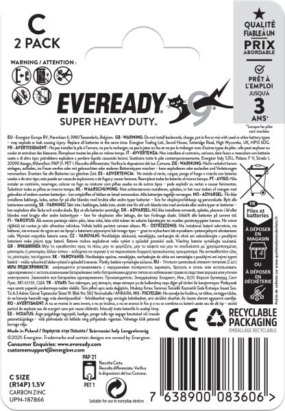 Eveready Super Heavy Duty C Zinc Batteries, Pack of 2