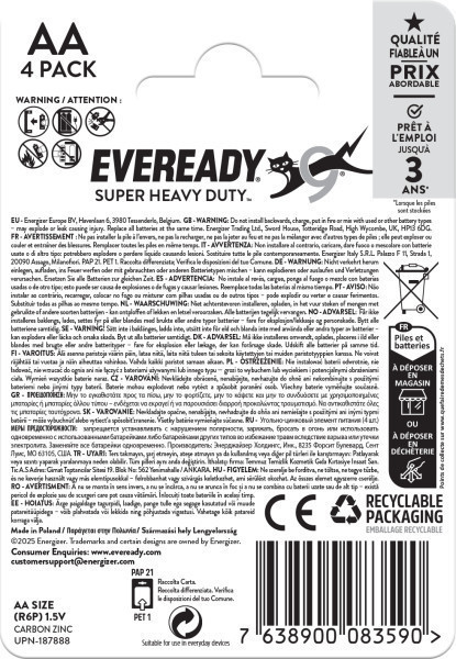 4x Eveready Super Heavy Duty AA Zinc Batteries, Pack of 4
