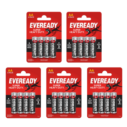 5x Eveready Super Heavy Duty AA Zinc Batteries, Pack of 4