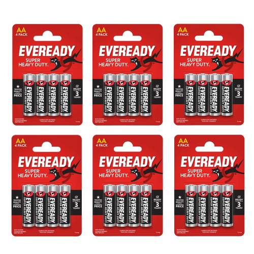6x Eveready Super Heavy Duty AA Zinc Batteries, Pack of 4