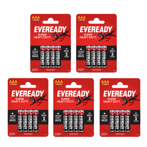 5x Eveready Super Heavy Duty AAA Zinc Batteries, Pack of 4