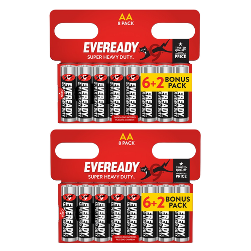 2x Eveready Super Heavy Duty AA Zinc Batteries, Pack of 8 (6+2)
