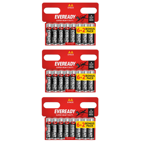 3x Eveready Super Heavy Duty AA Zinc Batteries, Pack of 8 (6+2)
