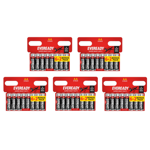 5x Eveready Super Heavy Duty AA Zinc Batteries, Pack of 8 (6+2)