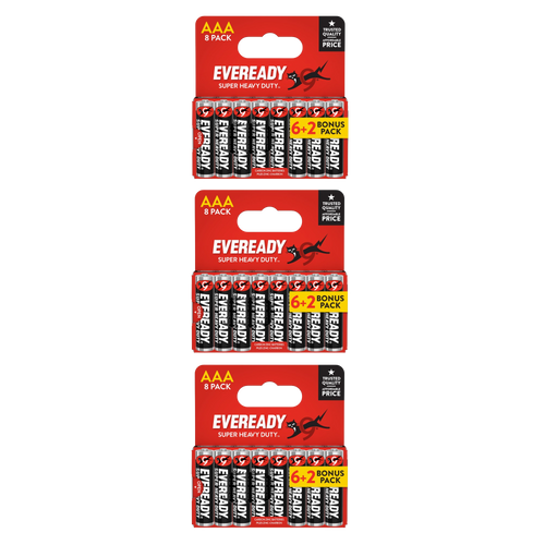 3x Eveready Super Heavy Duty AAA Zinc Batteries, Pack of 8 (6+2)