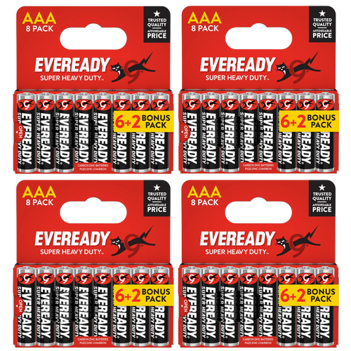 4x Eveready Super Heavy Duty AAA Zinc Batteries, Pack of 8 (6+2)