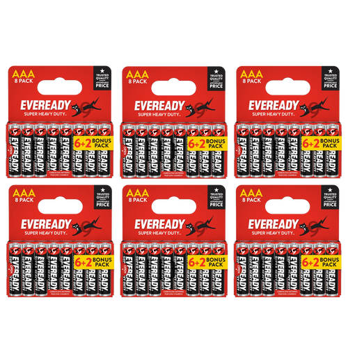6x Eveready Super Heavy Duty AAA Zinc Batteries, Pack of 8 (6+2)