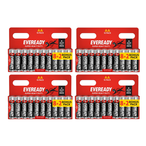 4x Eveready AA Super Heavy Duty Zinc Batteries - Pack of 10 (8+2) 40x