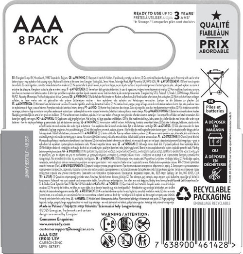 3x Eveready Super Heavy Duty AAA Zinc Batteries, Pack of 10 (8+2) 30x