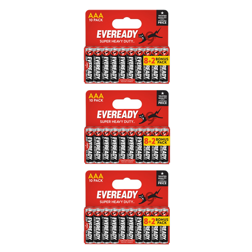 3x Eveready Super Heavy Duty AAA Zinc Batteries, Pack of 10 (8+2) 30x