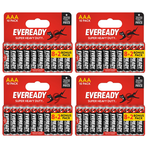 4x Eveready Super Heavy Duty AAA Zinc Batteries, Pack of 10 (8+2) 40x