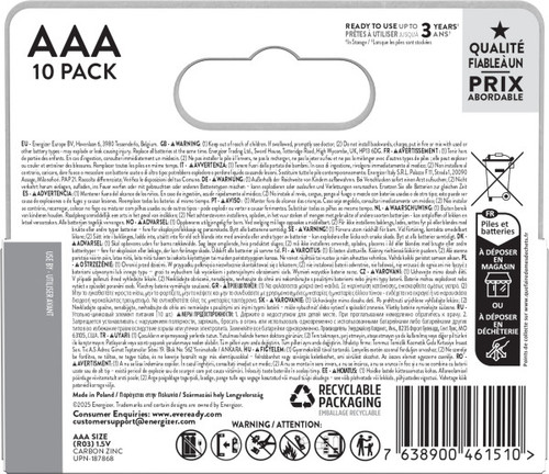 4x Eveready Super Heavy Duty AAA Zinc Batteries, Pack of 10 (8+2) 40x