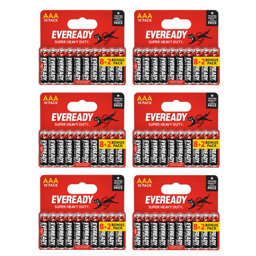6x Eveready Super Heavy Duty AAA Zinc Batteries, Pack of 10 (8+2) 60x