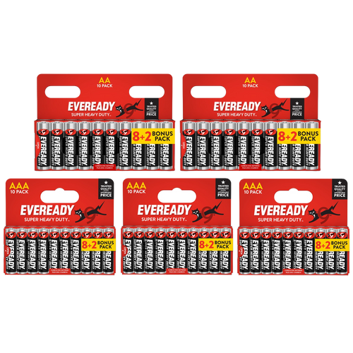 20x AA & 30x AAA Eveready Super Heavy Duty Zinc Batteries (50x Batteries)
