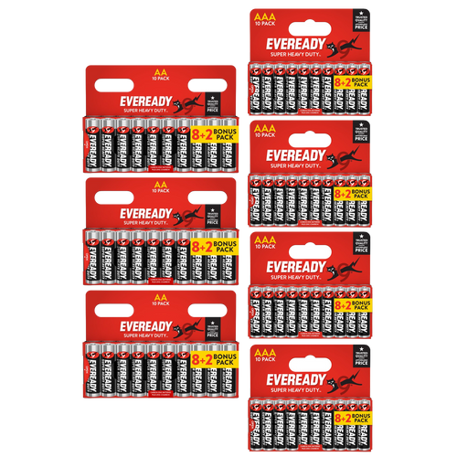30x AA & 40x AAA Eveready Super Heavy Duty Zinc Batteries (70x Batteries)