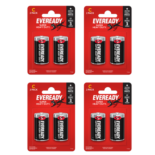 4x Eveready Super Heavy Duty C Zinc Batteries, Pack of 2 (8x Batteries in total)