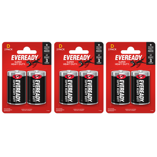 3x Eveready Super Heavy Duty D Zinc Batteries, Pack of 2 (6x Batteries in total)
