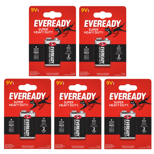 5x Eveready Super Heavy Duty 9V Zinc Battery, Pack of 1 (5x Batteries in total)