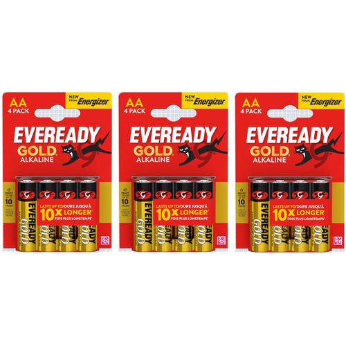 3x Eveready Gold AA Alkaline Batteries, Pack of 4 (12x Batteries in total)
