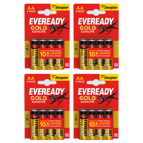 Eveready Gold AA Alkaline Batteries, Pack of 4 (16x Batteries in total)
