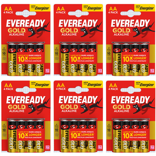 6x Eveready Gold AA Alkaline Batteries, Pack of 4 (24x Batteries in total)