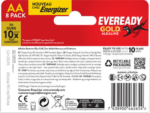5x Eveready Gold AA Alkaline Batteries, Pack of 8 rear