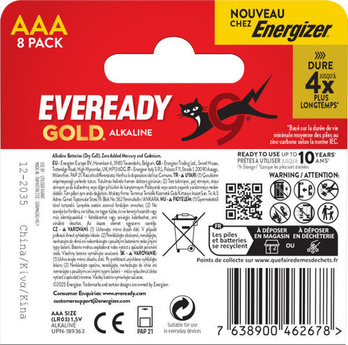 4x Eveready Gold AAA Alkaline Batteries, Pack of 8