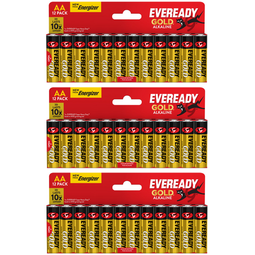 3x Eveready Gold AA Alkaline Batteries, Pack of 12 36x batteries