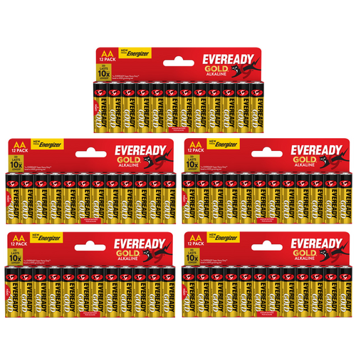 5x Eveready Gold AA Alkaline Batteries, Pack of 12 60x batteries