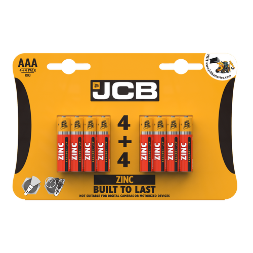 JCB AAA Zinc Carbon Batteries - Pack of 4+4 (8x Batteries in total)