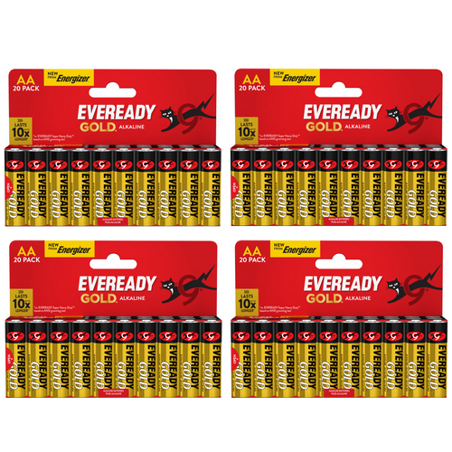 4x Eveready Gold AA Alkaline Batteries, Pack of 20, 80x batteries