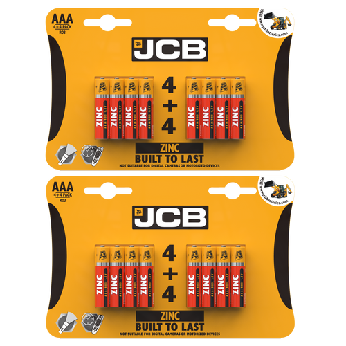 2x JCB AAA Zinc Carbon Batteries - Pack of 4+4 (16x Batteries in total)