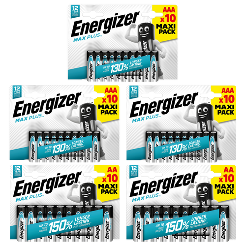 Energizer AA & AAA Max Plus Alkaline Batteries - 40x AA and 10x AAA