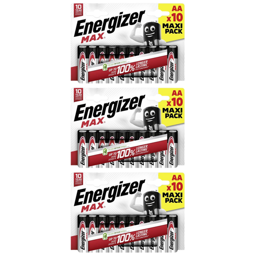 3x Energizer AA Max Alkaline Batteries - Pack of 10 (30x Batteries in total)