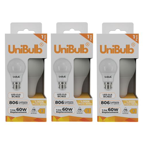 Energizer LED GLS B22 806lm 7.3W 3000K (Warm White) Light bulb - Pack of 3 front